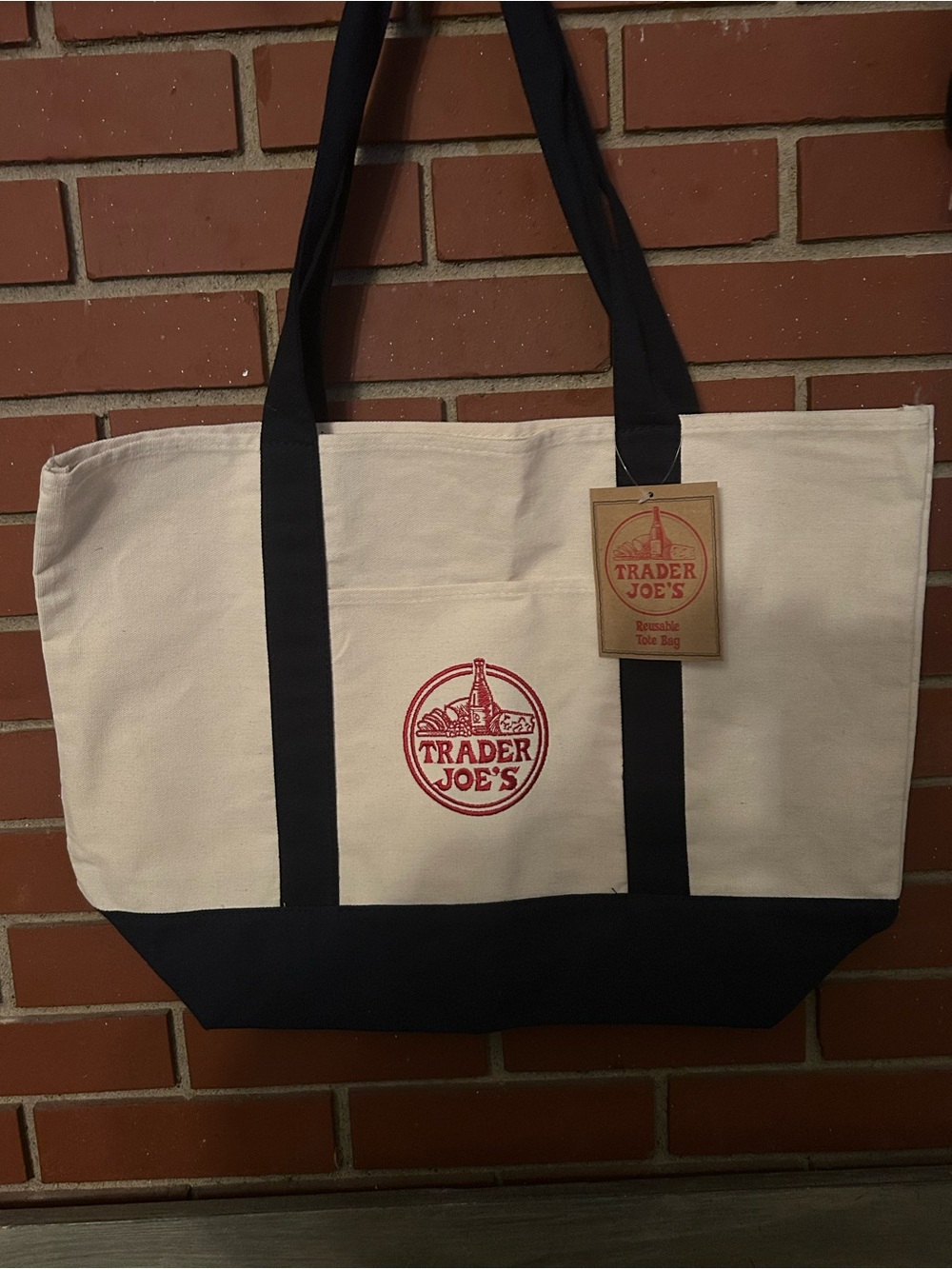 Trader Joe's Large Reusable Cotton Canvas Tote Bag Navy Blue Off-White NWT